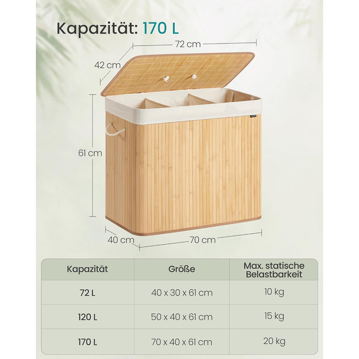 SONGMICS Кошик для білизни з кришкою, 2 відділення, бамбук, складний, знімний мішок для прання, з ручками, 170 л, для ванної кімнати, спальні, LCB014Y01