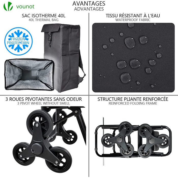 Алюмінієвий візок для покупок VOUNOT, складний візок для покупок Trolley, візок з 6 колесами і холодильним відділенням, водонепроникна, 50 л, Чорний (40 л)