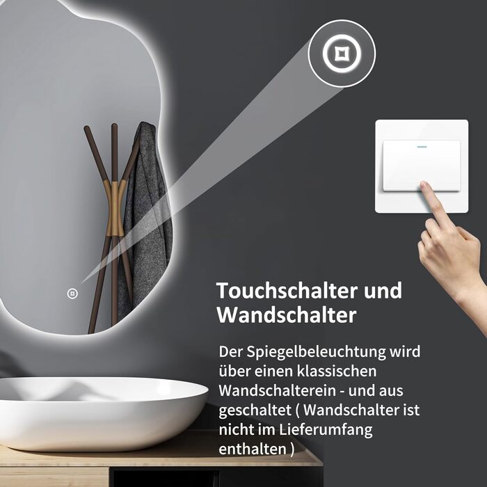 Дзеркало для ванної кімнати Badspiegel 70x50см з підсвічуванням 3 кольори, сенсорне керування, прямокутне, 62x90см, енергоклас A++