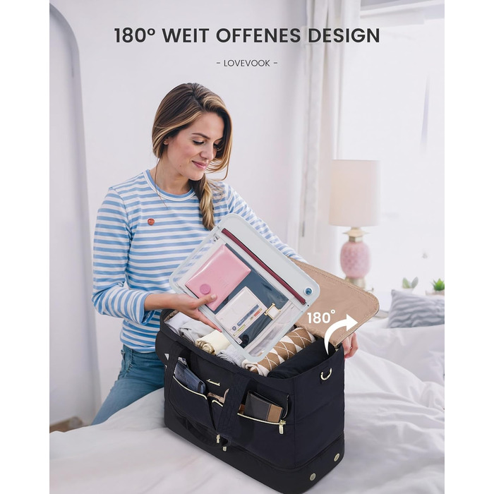 Сумка-валіза LOVEVOOK для жінок, 45L/57L, Weekender, ручна поклажа, велике відкриття, сумка для пологового будинку, спортивна сумка, Travel Duffle Bag, з відділенням для взуття та мокрою білизною (чорний)