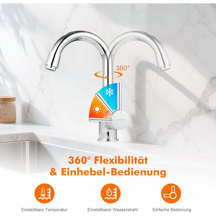 Змішувач для ванної кімнати GRIFEMA, одноlever, нержавіюча сталь, 180 мм, 3/8″, для гостей, G1002A (срібний)