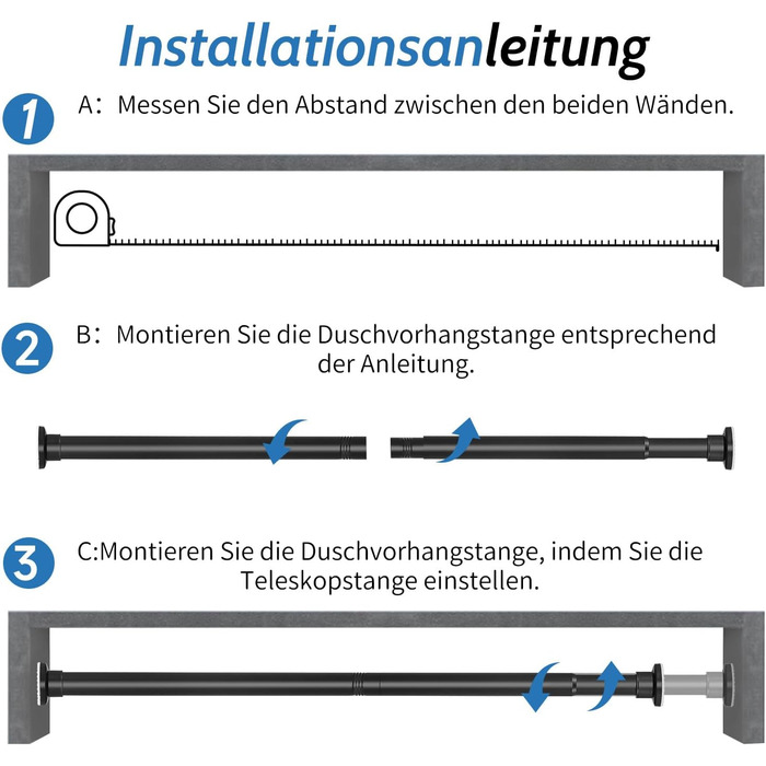 Телескопічна штанга Штора для душу без свердління, затискна штанга 70-255см, чорна