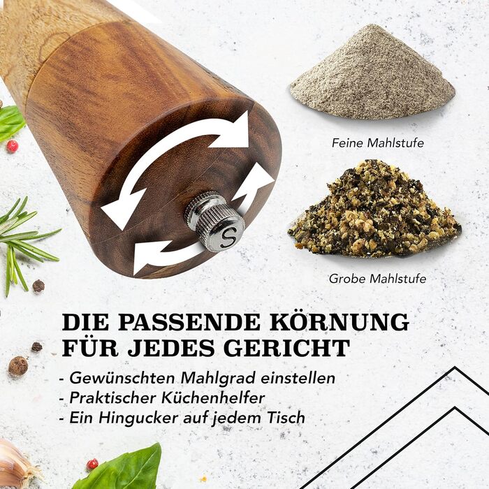 Набір з 2-х дерев'яних мельниць для солі та перцю (21 см) з керамічним механізмом - з пензликом для чищення та рецептами, кухонні аксесуари, подарунок