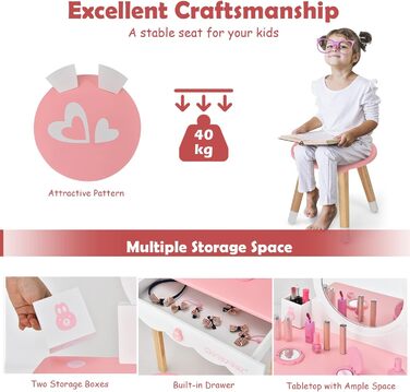 Дитячий туалетний столик LIFEZEAL 2 в 1 з дзеркалом та табуретом, рожевий, з шухлядами