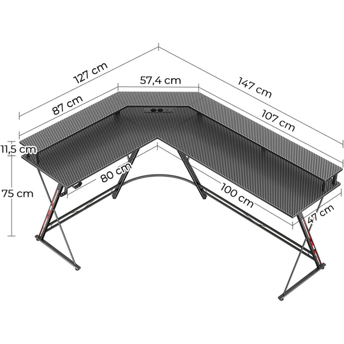Ігровий стіл SEVEN WARRIOR з LED-підсвічуванням, розетками, моніторний стійка, 2 гачки, L-подібний, 147 см