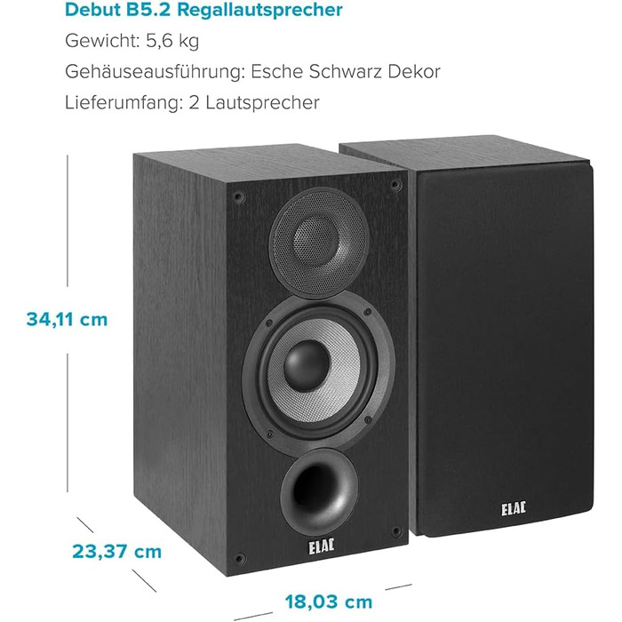 Поличкова акустика ELAC DEBUT B5.2, ідеально підходить для стерео та об'ємного звучання 5.1, відмінний звук, 2 пасивні динаміки