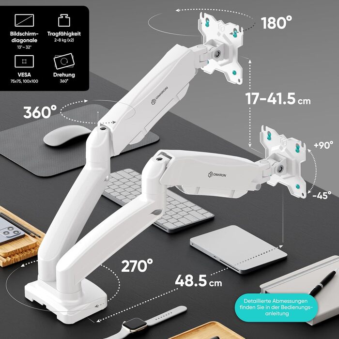 Кріплення для монітора ONKRON G160-W (2 монітори, 13-32 дюйми, до 8 кг, VESA 75x75-100x100)