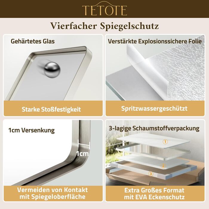 Дзеркало для ванної кімнати TETOTE 40x50 см, прямокутне, з металевим каркасом, з закругленими кутами, скло загартоване