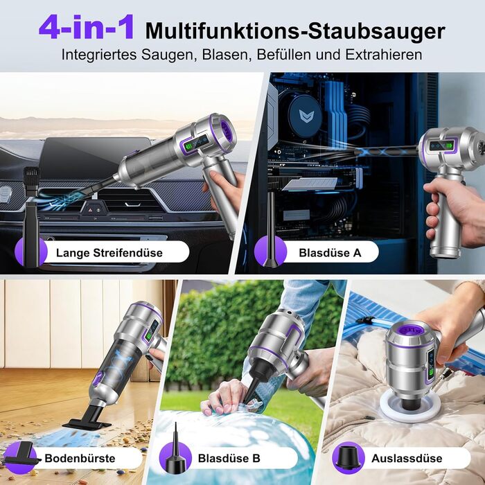 Акумуляторний ручний пилосос 4-в-1 Handstaubsauger, 25000Па, безщітковий мотор, з дисплеєм та функцією самоочищення, для дому та авто, сріблястий