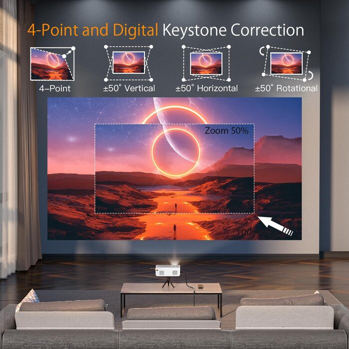 Портативний проєктор Smart Mini Beamer 4k з автофокусом та корекцією трапецеїдальних спотворень, 28000 люмен, WiFi6, Bluetooth, Full HD 1080P, 210° оберт, для домашнього кінотеатру та використання на відкритому повітрі (сумісний з Netflix та Dolby Audio, 