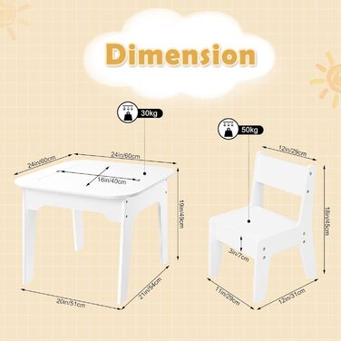Дитячий стіл з 2 стільцями, місце для зберігання, двостороння стільниця, зона відпочинку для дітей, білий