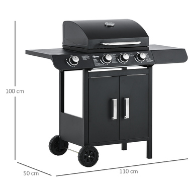 Газовий гриль Outsunny BBQ на коліщатках з 3 пальниками та 1 бічним пальником, редуктор та шланги, багатофункціональний, сталь, чорний, 110x50x100 см
