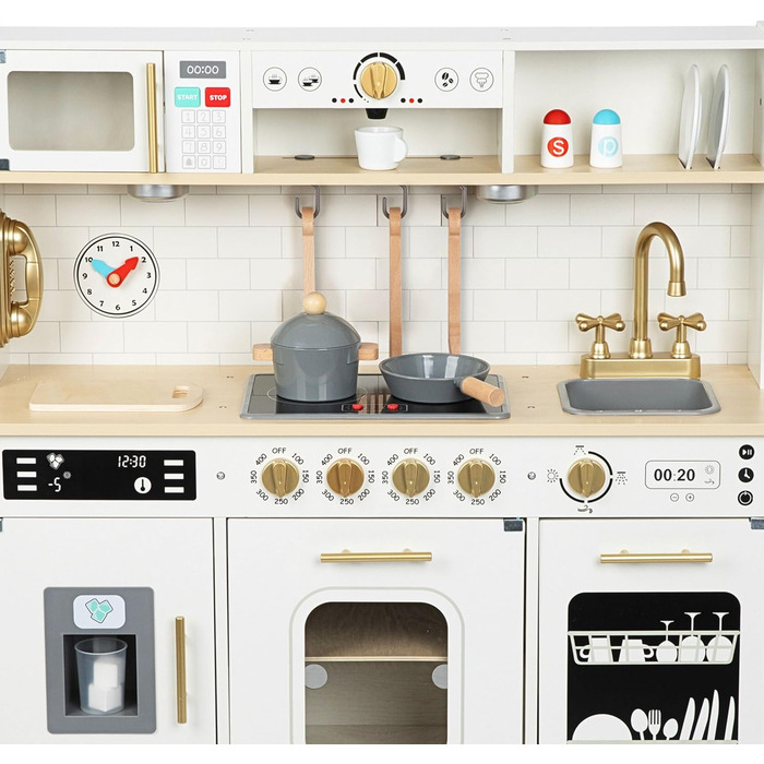 Дерев'яна дитяча кухня Mamabrum з LED-підсвічуванням - ігровий набір кухонь з регульованою висотою, з приготуванням кубиків льоду, мікрохвильовою піччю, плитою та посудомийною машиною. Іграшка для дітей від 3 років