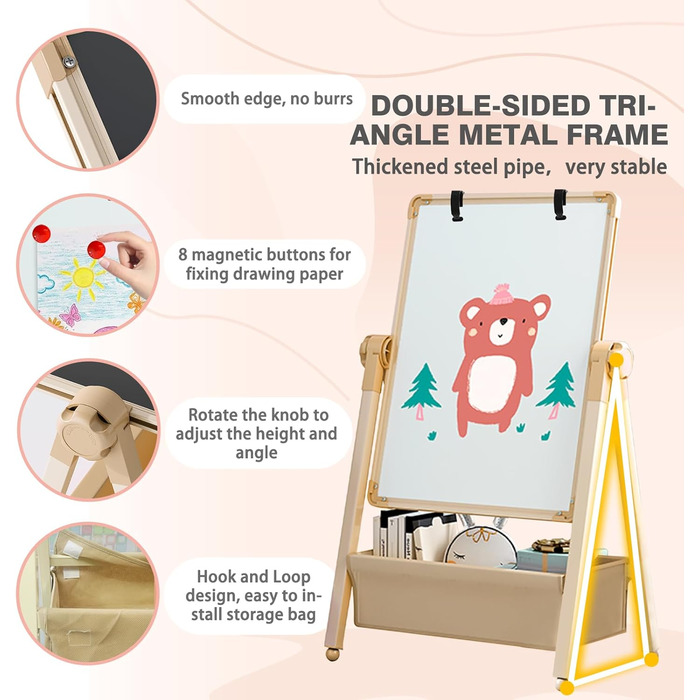 Дитяча мольберт Kinderstaffelei з двома сторонами, металева конструкція, регульована висота, обертається на 360°, дошка для малювання та письма з літерами та цифрами (жовтий)