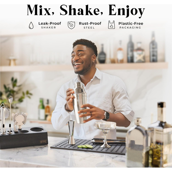 Набір для бармена Pro Mixology: 14 предметів, шейкер Cobbler 24oz, бамбуковий підставка, рецепти коктейлів. Подарунок для дому