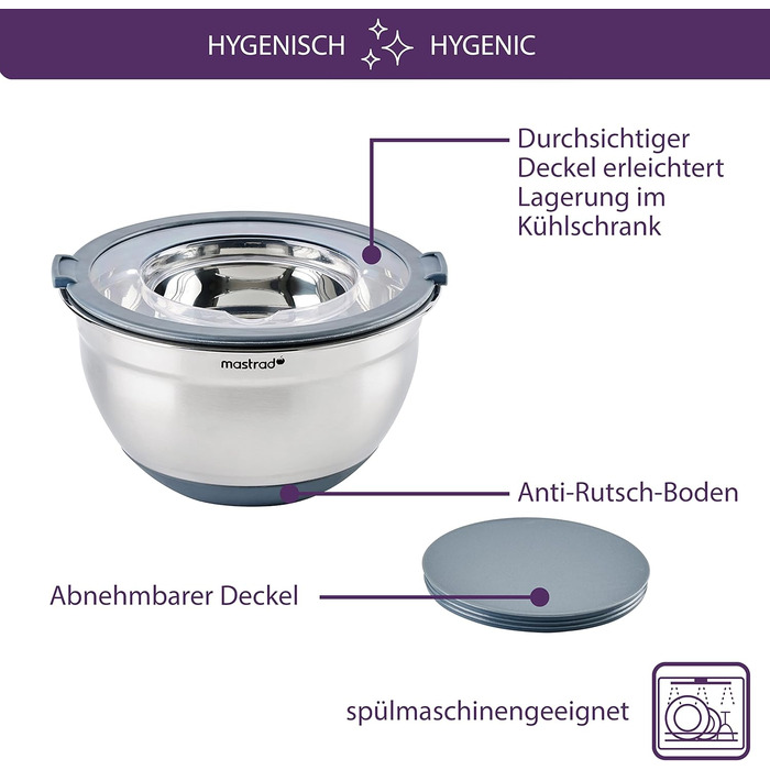Миска Mastrad з нержавіючої сталі з прозорим кришкою та ручками - 3L, для змішування, випічки, приготування та зберігання продуктів, придатна для миття в посудомийній машині