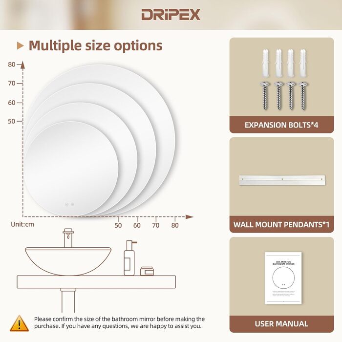 Дзеркало для ванної кімнати Dripex LED з підсвічуванням, кругле, сенсорне управління, регулювання яскравості, 3 кольори світла, запобігання запотіванню, 80x80 см
