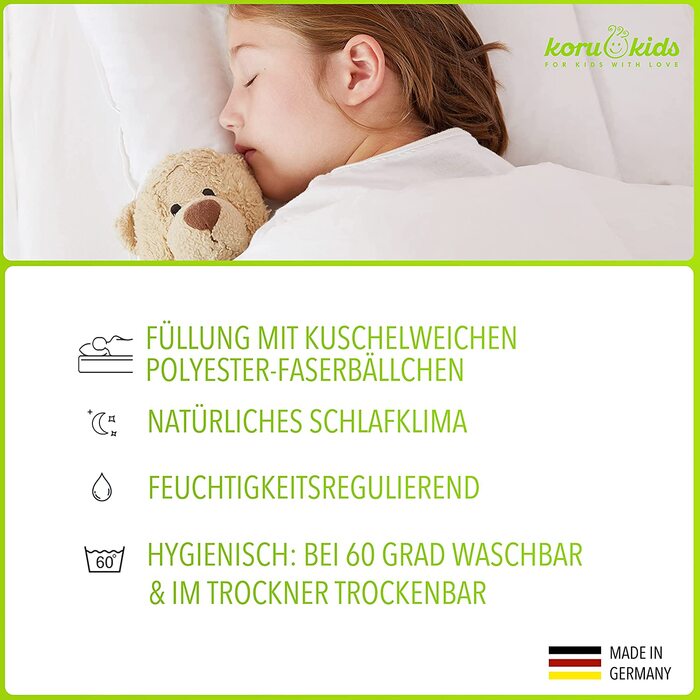Дитяча подушка Koru Kids® 40x60 см – 100% бавовна, Oeko-Tex, Made in Germany, наповнювач 100г (суміш пуху та поліестеру)