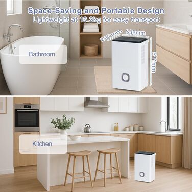 Електричний осушувач повітря з насосом: 80 л/день, компресорний, бак 8 л, повітряний потік 400 м³/год, смарт-гігростат, тихий будівельний осушувач для підвалу/квартири/офісу/ванної кімнати/спальні, чорний & білий (сірий & білий)