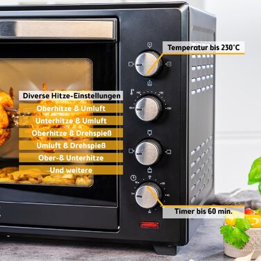 Міні-піч TZS First Austria 60L 2000W з регулюванням температури до 230°C, 6 режимів, таймер на 60 хв, 4 рівні встановлення, дека, решітка-гриль та вертулка