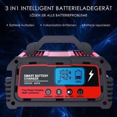 Зарядний пристрій для акумулятора 12V/24V LEICESTERCN - Автомобільний, мотоциклетний, з LCD, 5/10/25A, 6-ступінчастий, з багаторазовим захистом