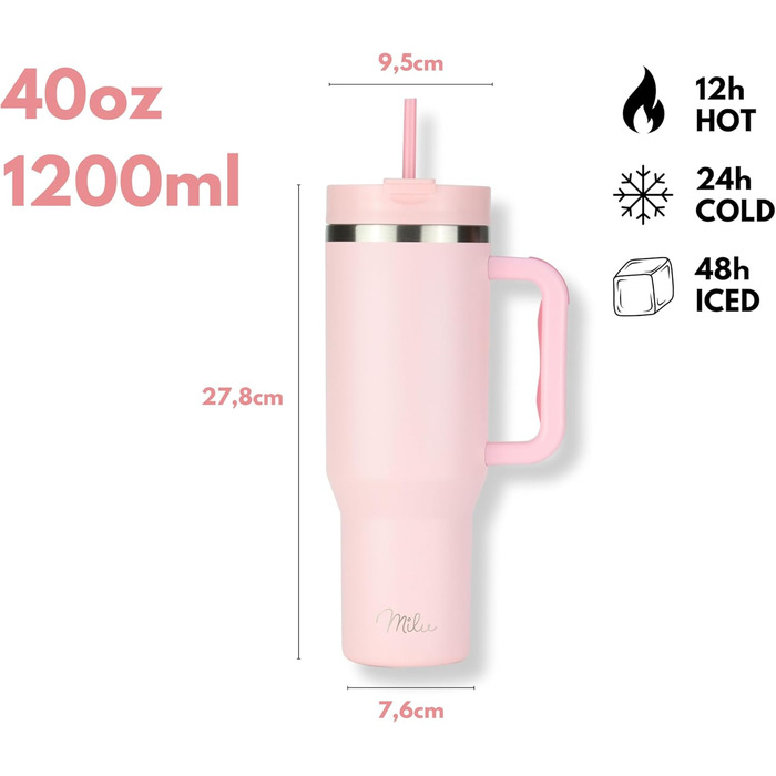 Термокружка Milu 1200 мл з трубочкою та ручкою – подарунок на Великдень для жінок та чоловіків. Ідеї подарунків для тата, мами, друга, подруги. Подарунки на День батька та День матері. Подарунки для дідуся та бабусі (1200 мл, Blossom Pink)