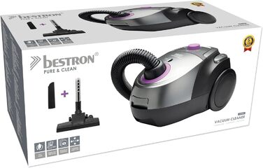 Пилсос Bestron з мішком, для прибирання підлоги, з 3 мішками, телескопічна труба 94 см, перемикач насадки для підлоги, радіус дії 7.5 м, HEPA 12 та мікрофільтр, миючий, чорний/фіолетовий
