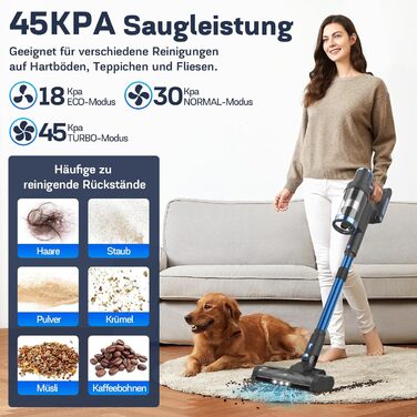 Бездротовий пилосос Nigecue 550W з акумулятором, 45000Pa, 60 хвилин роботи, Smart-дисплеєм, антизаплутувальною щіткою, 1.5L контейнером для сміття, для твердих поверхонь, килимів та шерсті тварин