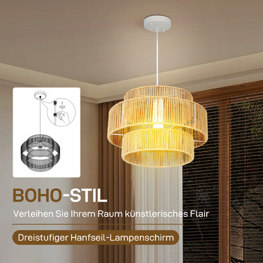 Підвісна лампа з тришаровим абажуром, метал, мотузка з натурального льону, світло-коричневий