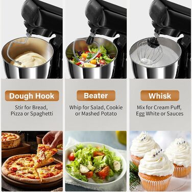 Кухонна машина з місткістю 2.5L та 3L, 10 швидкостей, 1500W, з міксером, шнеком для тіста та скребком, для дому та щоденного приготування (чорний)