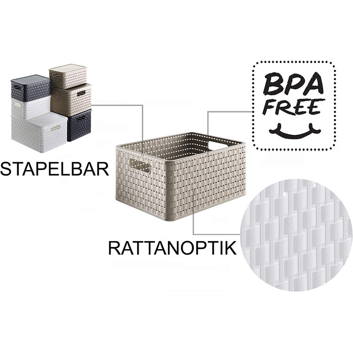Набір із 3 коробок для зберігання Ротанг Look, пластик (PP) без бісфенолу А, 3 x A4/28 л, (43 x 33 x 21,5 см), 3 (бежевий)