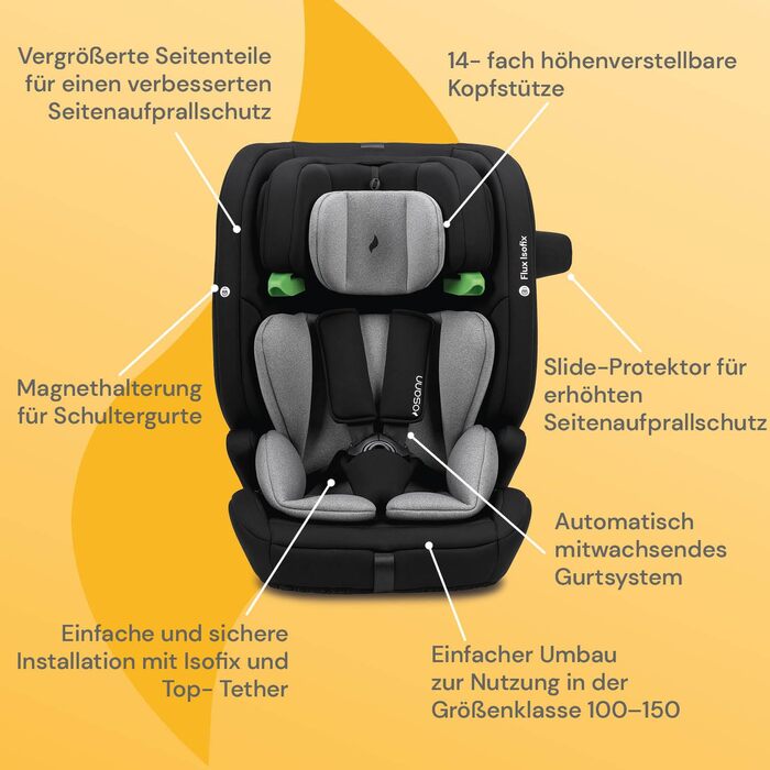 Дитяче автокрісло Osann Flux Isofix, i-Size від 76 до 150 см, зростаюче дитяче автокрісло Isofix- сірий меланж i-Size сірий меланж