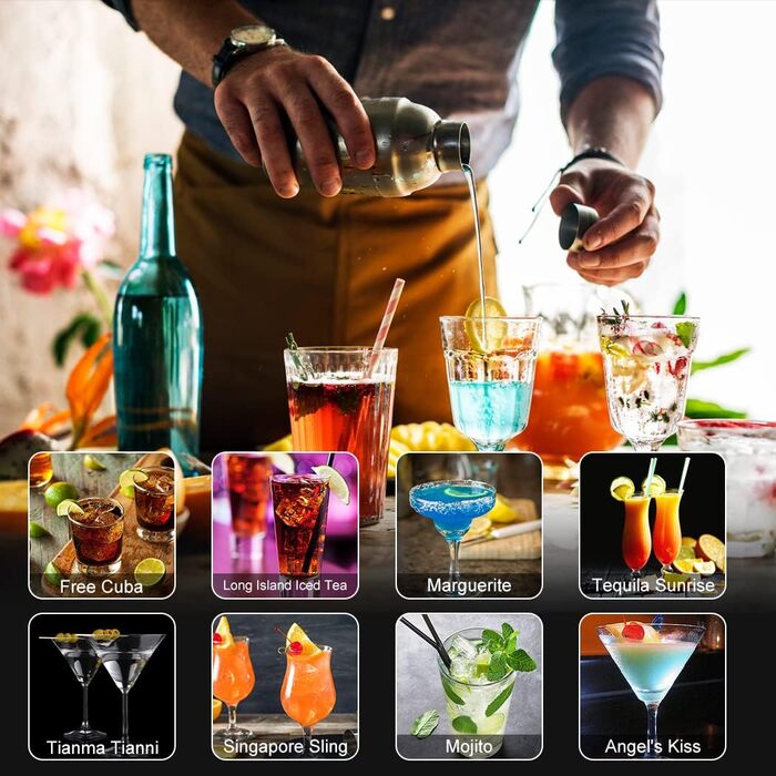 Набір шейкерів для коктейлів KINGROW Mixology - Набір бармена з 29 предметів з акриловою поворотною підставкою (срібло)