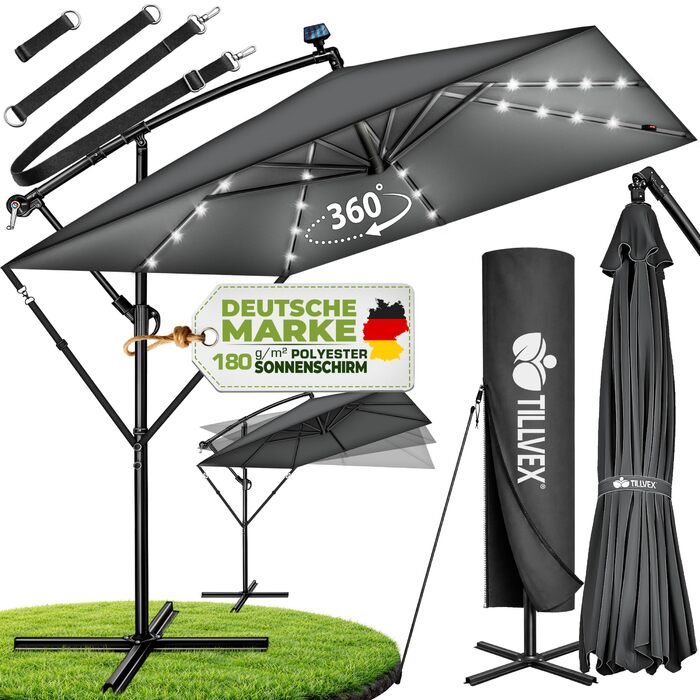 Прямокутна алюмінієва сонячна парасолька tillvex® 330 см з LED-підсвіткою, ручкою та чохлом, антрацит — підвісна садова парасолька з захистом від UV та вітру