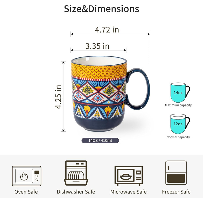 Набір чашок для капучино HENXFEN: 6 чашок з порцеляни, 600 мл, з ручкою, для кави, чаю, молока, богемний стиль