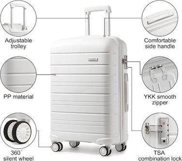 Валіза KONO з TSA-замком та 4 спінінг-колесами, білий колір, розмір S (Cabin 20 Inch)