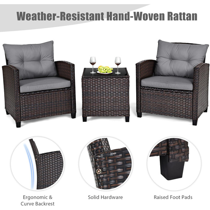 Набір садових меблів LIFEZEAL 3 предмети: 2 крісла та стіл з штучного ротангу (PE) з подушками, скляна стільниця, для тераси, балкона, саду - сірий