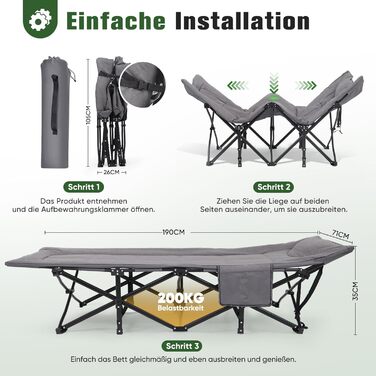 Складане кемпінгове ліжко Sekey з матрацом та бічною кишенею, 190 x 71 x 36 см, поширена шезлонг-ліжка для відпочинку на природі, в саду, на фестивалях та в подорожах