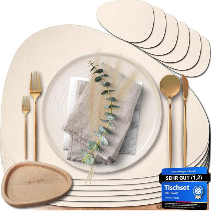 Набір Mahewa® з 6 преміум-підставників для столу з екошкіри, 6 шт. - підставки під тарілки, миються та водонепроникні, підставка під тарілки з імітацією шкіри (крем-бежевий, овальна з тримачем)