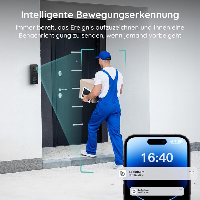Відеодзвінок BOIFUN з камерою, 2K, Wi-Fi, 180° огляд, 2-сторонній аудіо, AI-розпізнавання руху, IP65, сумісний з Alexa, без підписки