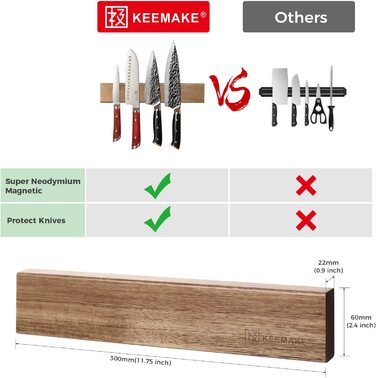 Тримач ножа KEEMAKE Магнітний, настінна смуга для ножів, 30 см, дерево акації, магнітна смуга ніж, високопродуктивний неодим