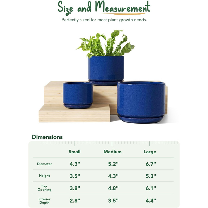 Набір керамічних горщиків LE TAUCI 3 шт. (11, 13, 17 см), горщики для кімнатних рослин з підставкою та дренажним отвором, реактивна глазур (бежевий, сапфіровий блакитний)