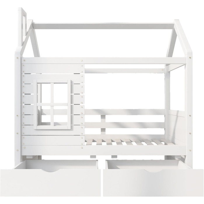 Дитяче ліжко 80x160 см з ящиками та віконцем, масивне дерев'яне ліжко з бортиками та ламелями, ліжко-будиночок для хлопчиків та дівчаток, ліжко-будиночок, ліжко для підлітків, без матраца, біле