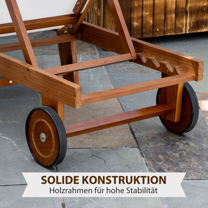 Шезлонг для відпочинку садовий, регульований, з акації, текстиль, натуральний + білий, 198 x 55 x 30-88,5 см