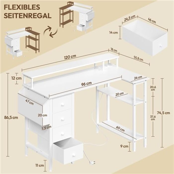 Кутовий стіл Yaheetech L-подібний з розетками, 120 x 68 см, білий. Ігровий стіл з кріпленням для монітора, 4 шухлядами, 2 полицями та кишенькою для зберігання. Для дому та офісу.