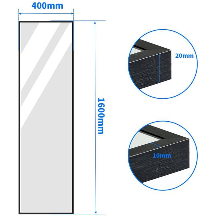 Дзеркало настінне Spiegel Schwarz 40x160 см з чорною рамою. Повнорозмірне дзеркало для спальні, вітальні або ванної кімнати. Прямокутне дзеркало з алюмінієвою рамою 40L x 160B cm