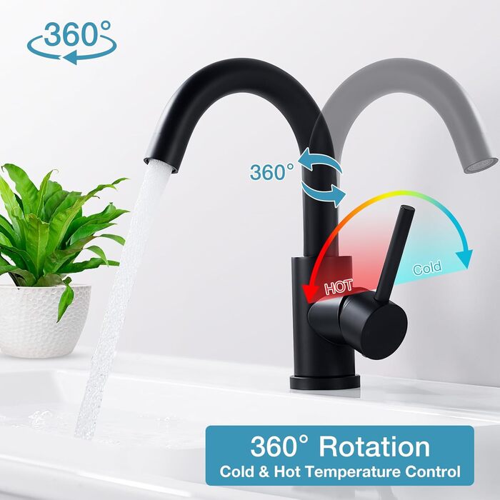 Змішувач для ванної кімнати/кухні 360° з нержавіючої сталі, одноlever, висота виливу 150 мм, чорний матовий, з щіткою Нікель