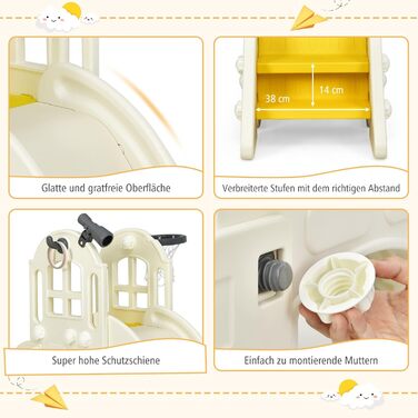 Дитячий ігровий комплекс COSTWAY 6-в-1: гірка, драбинка, баскетбольне кільце, кільця для кидання, тунель, телескоп. Для дітей від 3 років, жовтий.