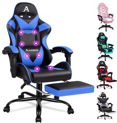 Ігровий крісло Alfordson з підніжкою, масажем, регулюванням на 150° та PU-шкірою. Макс. вага 180 кг, серія Eryx (Чорний/Синій)