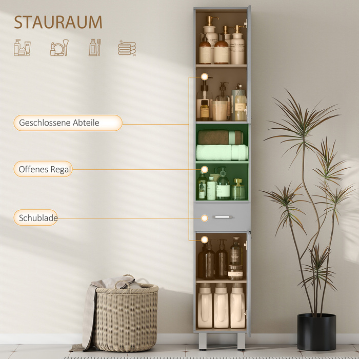 Шафа для ванної кімнати з полицями та висувним ящиком, регульована, сіра